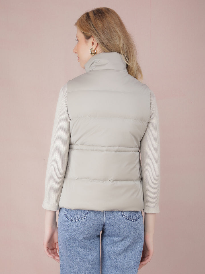 Grey Sleeveless High Neck Jacket-Women Jackets-Crimsoune Club