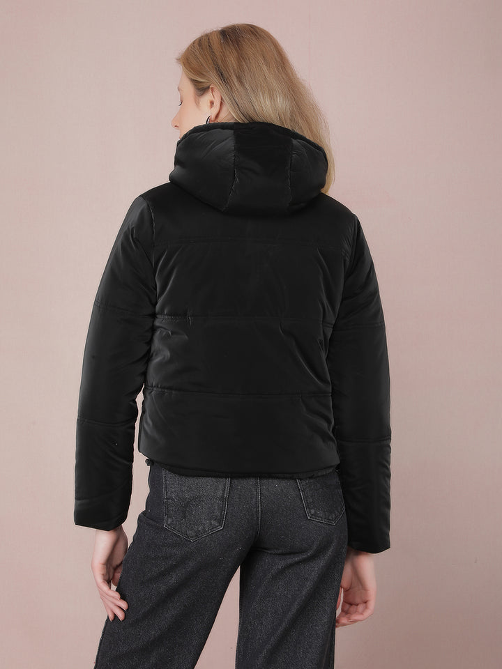 Black Hooded Neck Padded Jacket-Women Jackets-Crimsoune Club