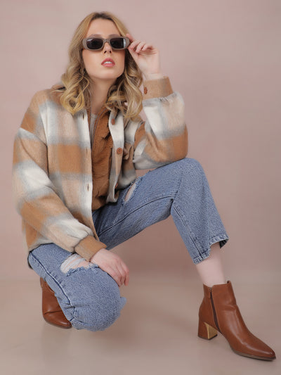 Off White Checked Shacket-Women Shackets-Crimsoune Club