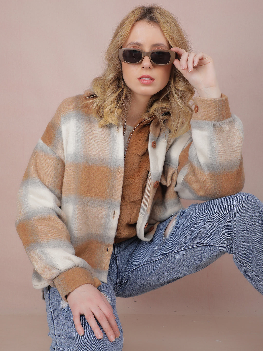 Off White Checked Shacket-Women Shackets-Crimsoune Club