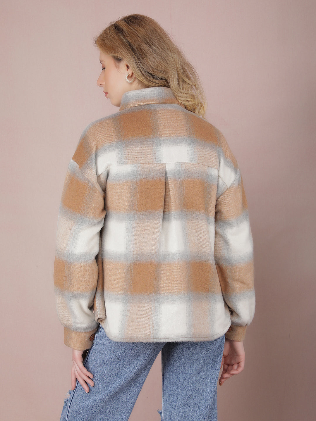 Off White Checked Shacket-Women Shackets-Crimsoune Club