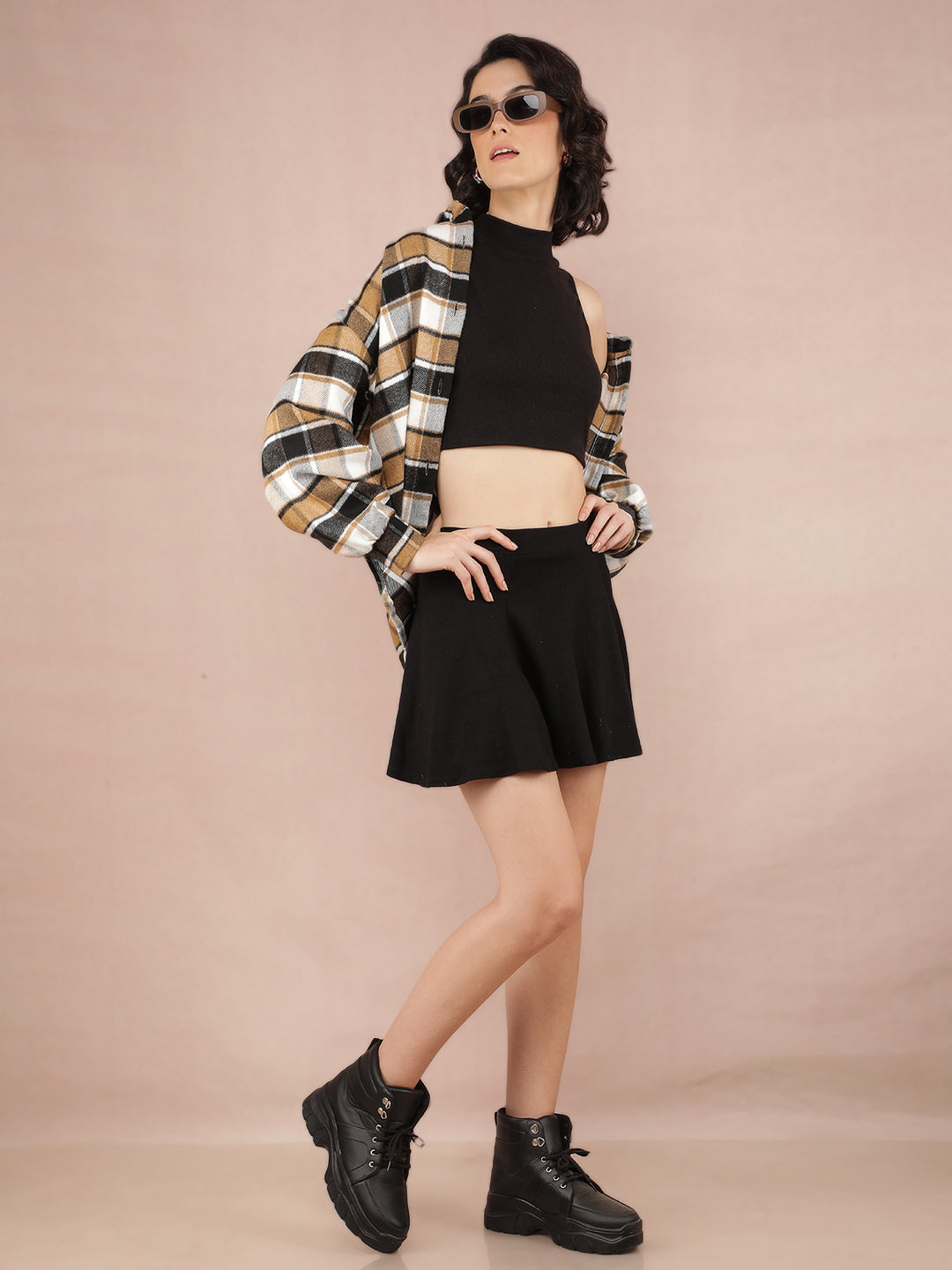 Brown Checked Shacket-Women Shackets-Crimsoune Club