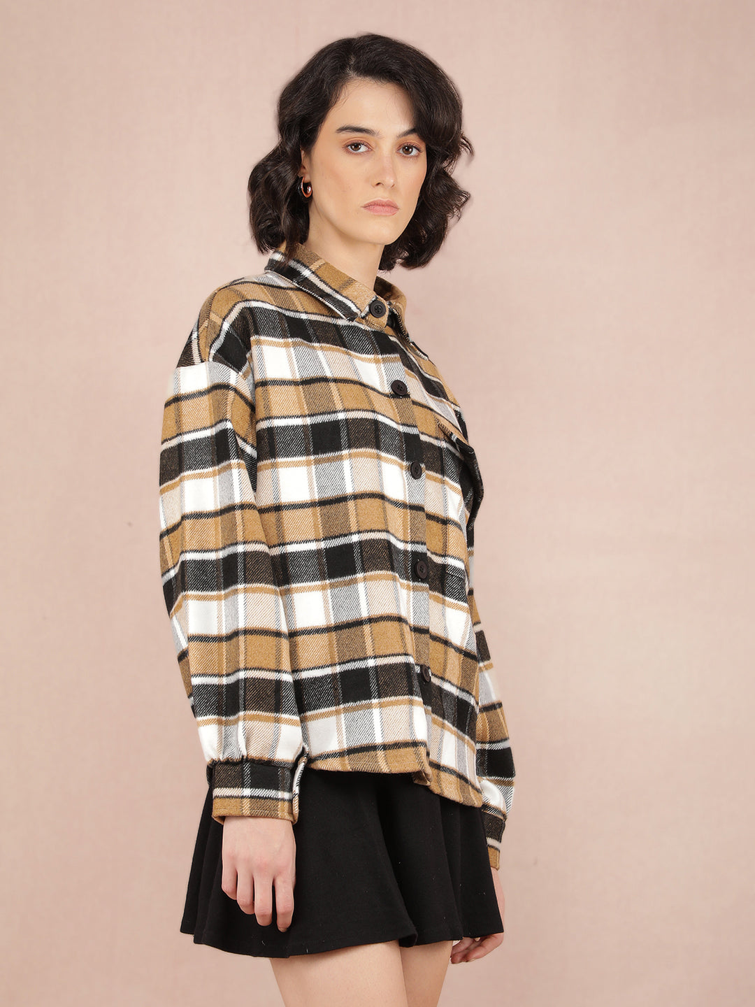 Brown Checked Shacket-Women Shackets-Crimsoune Club