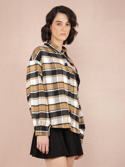 Brown Checked Shacket-Women Shackets-Crimsoune Club