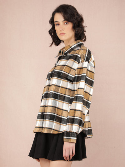 Brown Checked Shacket-Women Shackets-Crimsoune Club