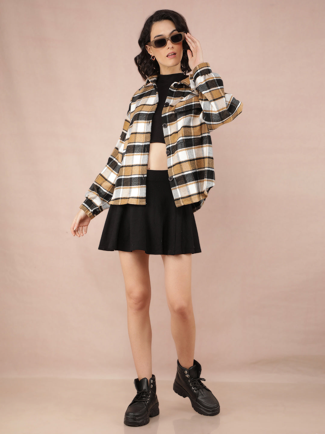Brown Checked Shacket-Women Shackets-Crimsoune Club