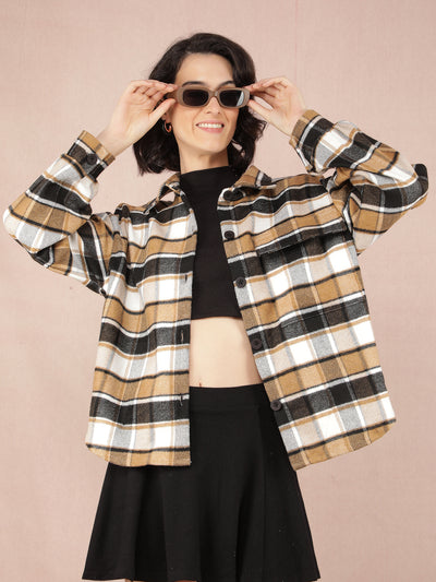 Brown Checked Shacket-Women Shackets-Crimsoune Club