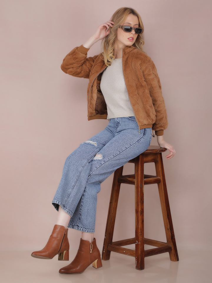 Brown Mock Neck Sweatshirt-Women Sweatshirts-Crimsoune Club
