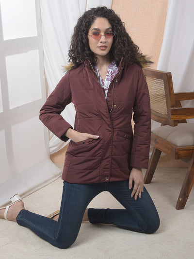 Maroon Hooded Neck Puffer Jacket-Women Jackets-Crimsoune Club