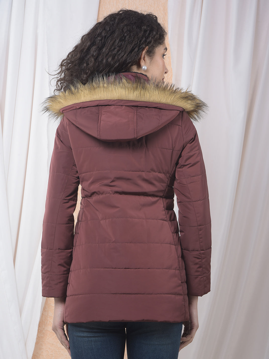 Maroon Hooded Neck Puffer Jacket-Women Jackets-Crimsoune Club