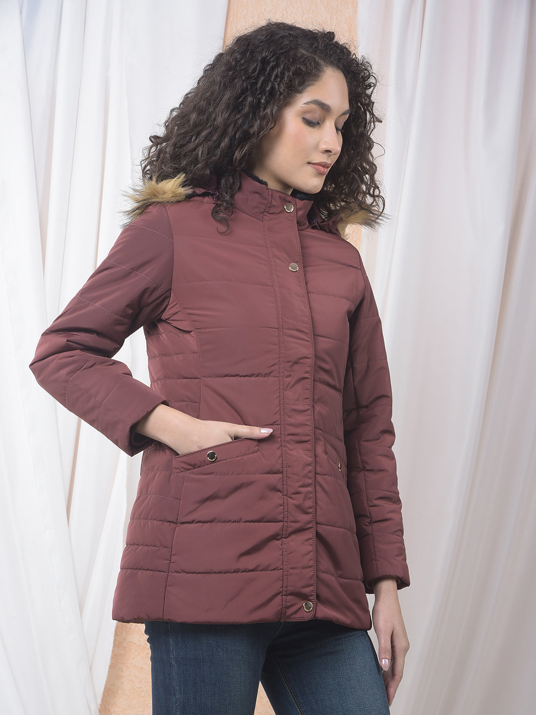Maroon Hooded Neck Puffer Jacket-Women Jackets-Crimsoune Club
