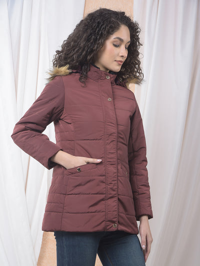 Maroon Hooded Neck Puffer Jacket-Women Jackets-Crimsoune Club