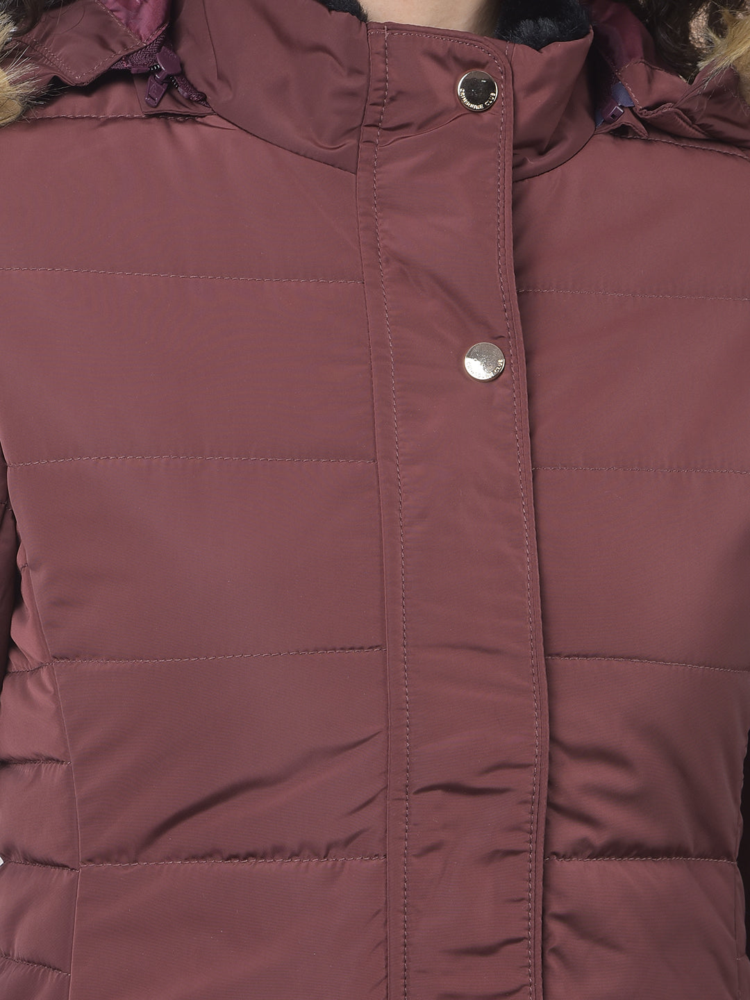 Maroon Hooded Neck Puffer Jacket-Women Jackets-Crimsoune Club