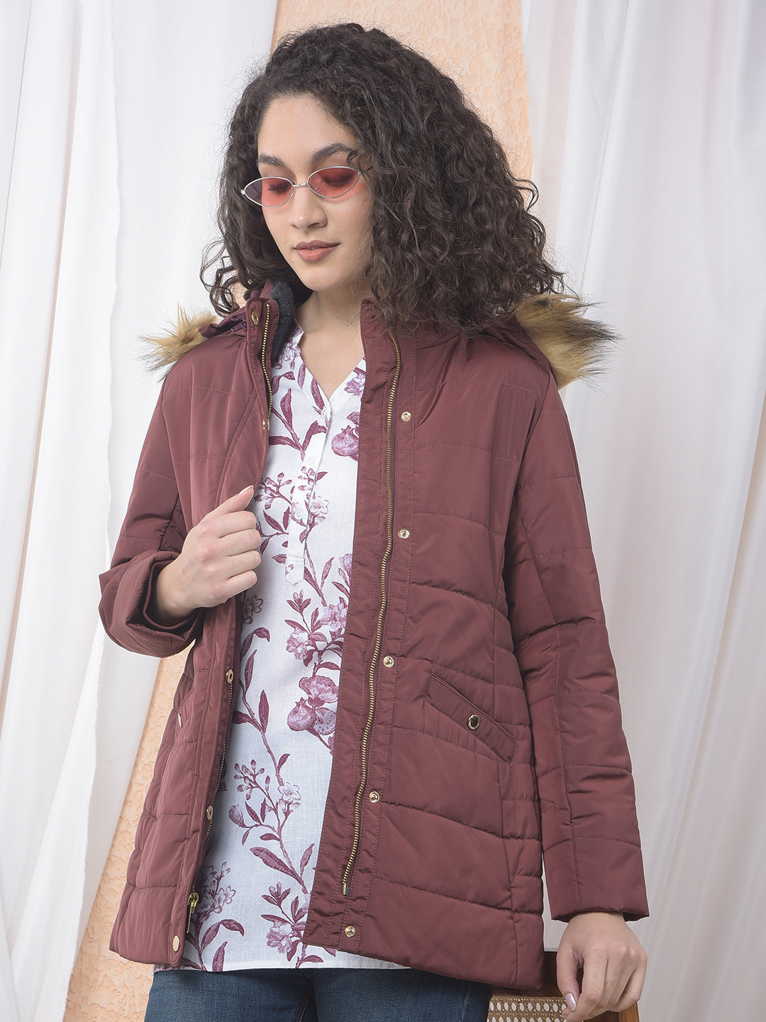 Maroon Hooded Neck Puffer Jacket-Women Jackets-Crimsoune Club