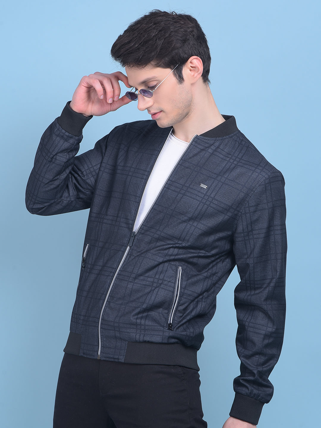 Navy Blue Checked Bomber Jacket-Men Jackets-Crimsoune Club