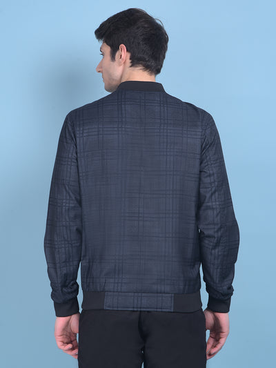 Navy Blue Checked Bomber Jacket-Men Jackets-Crimsoune Club