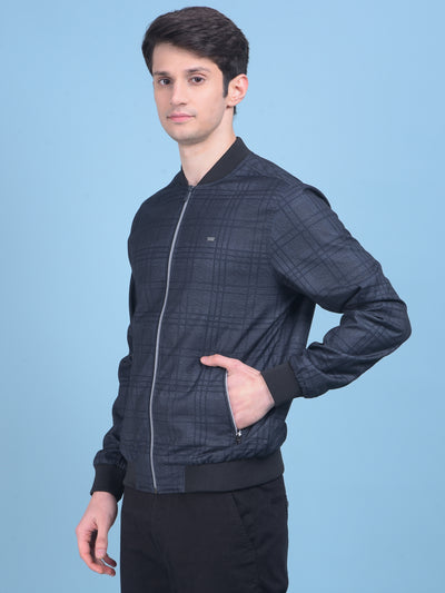 Navy Blue Checked Bomber Jacket-Men Jackets-Crimsoune Club