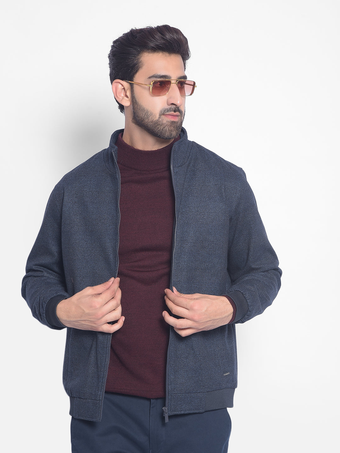 Navy Blue Checked Bomber Jacket-Men Jackets-Crimsoune Club