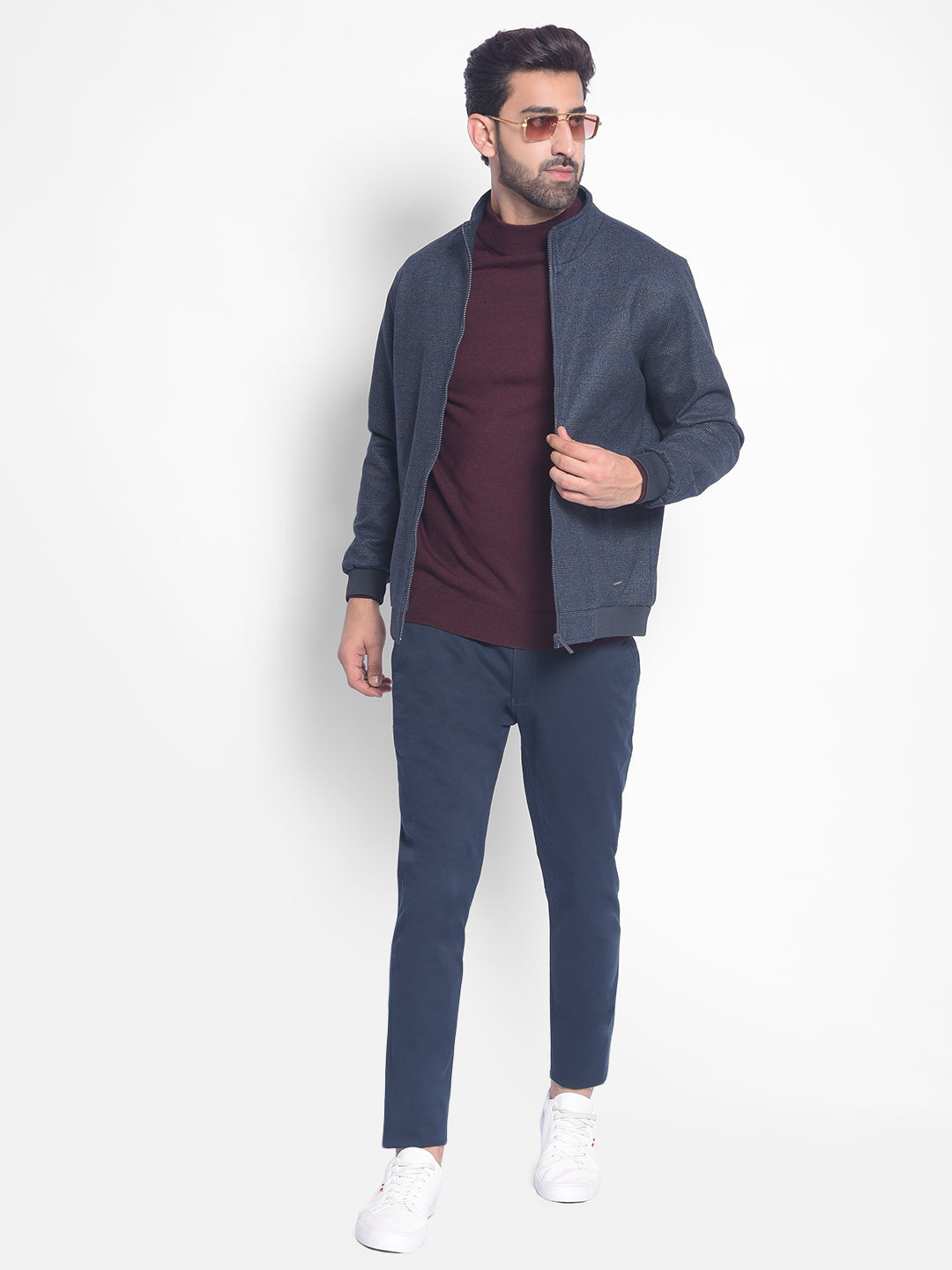 Navy Blue Checked Bomber Jacket-Men Jackets-Crimsoune Club