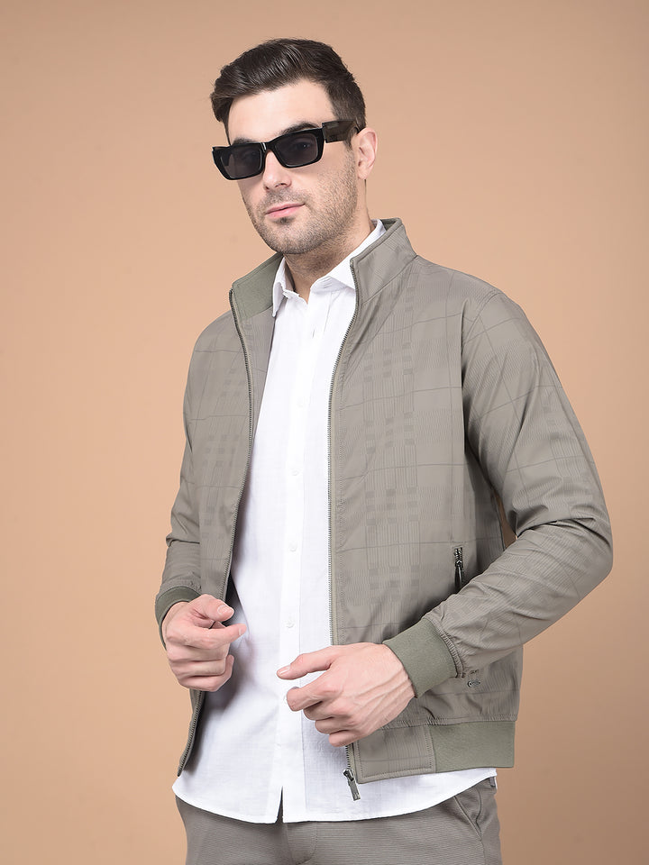 Khaki Printed Mock Neck Bomber Jacket-Men Jackets-Crimsoune Club