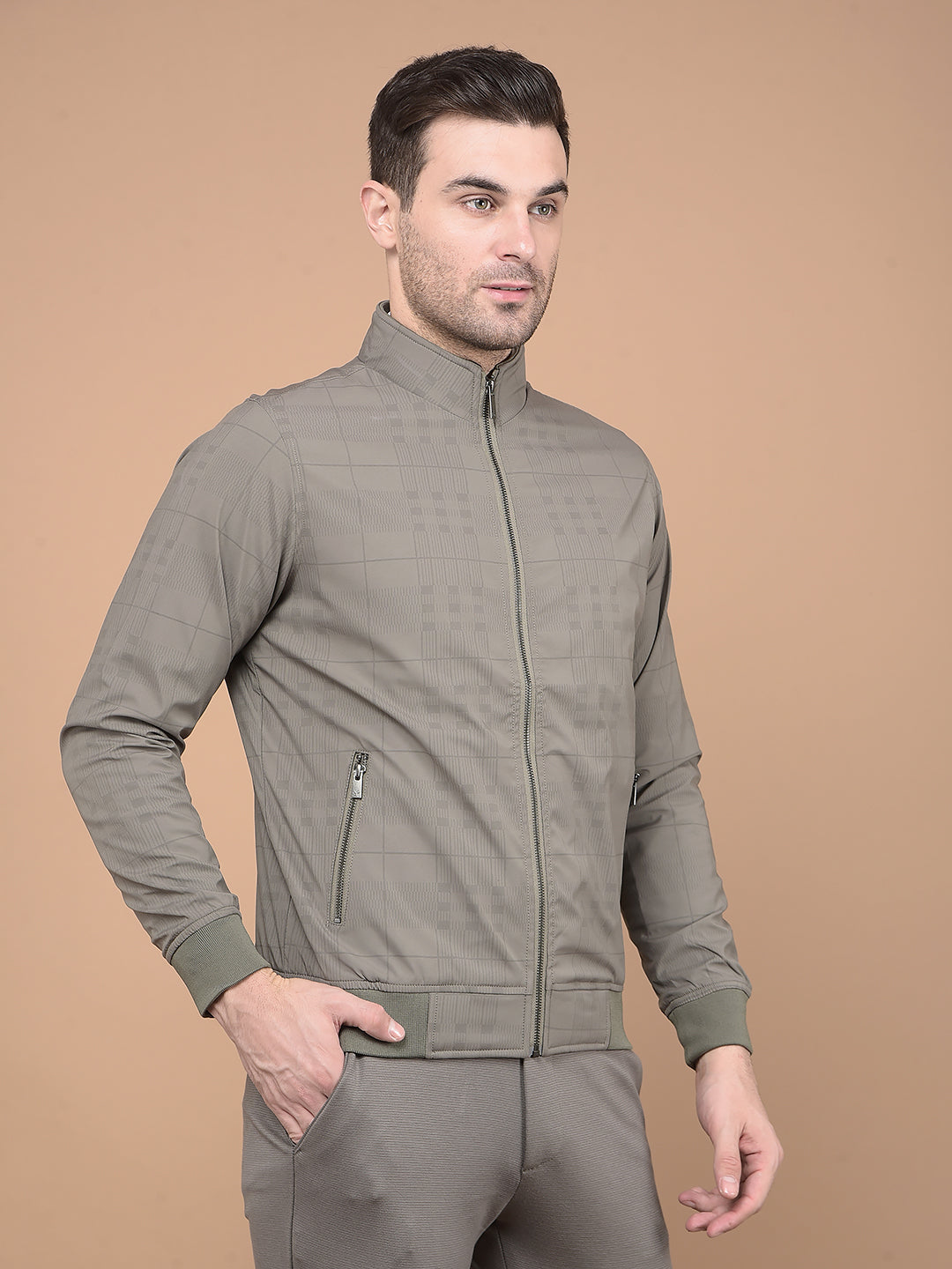 Khaki Printed Mock Neck Bomber Jacket – Crimsoune Club