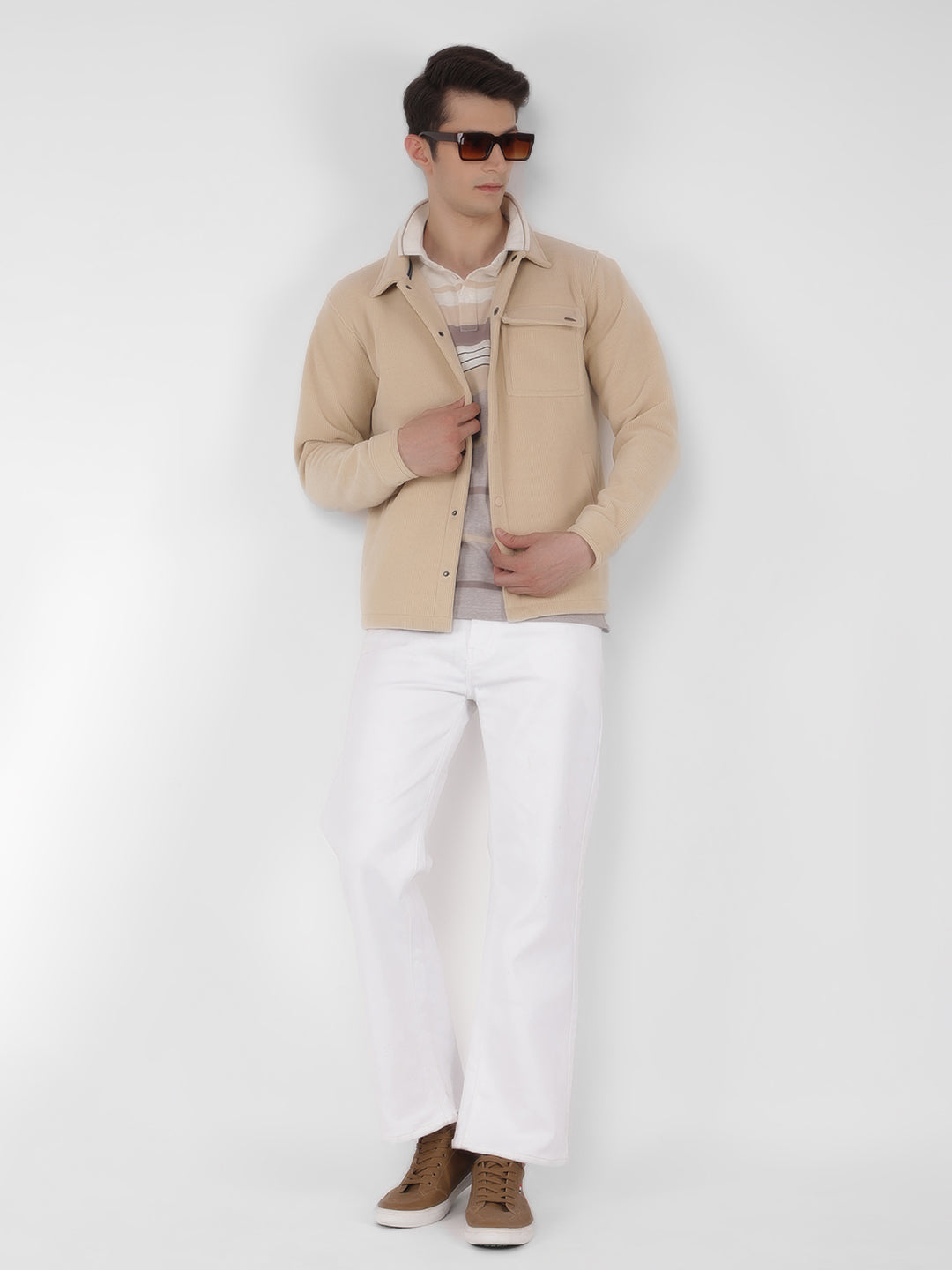 Beige Knitted Corduroy Shacket-Men Shackets-Crimsoune Club