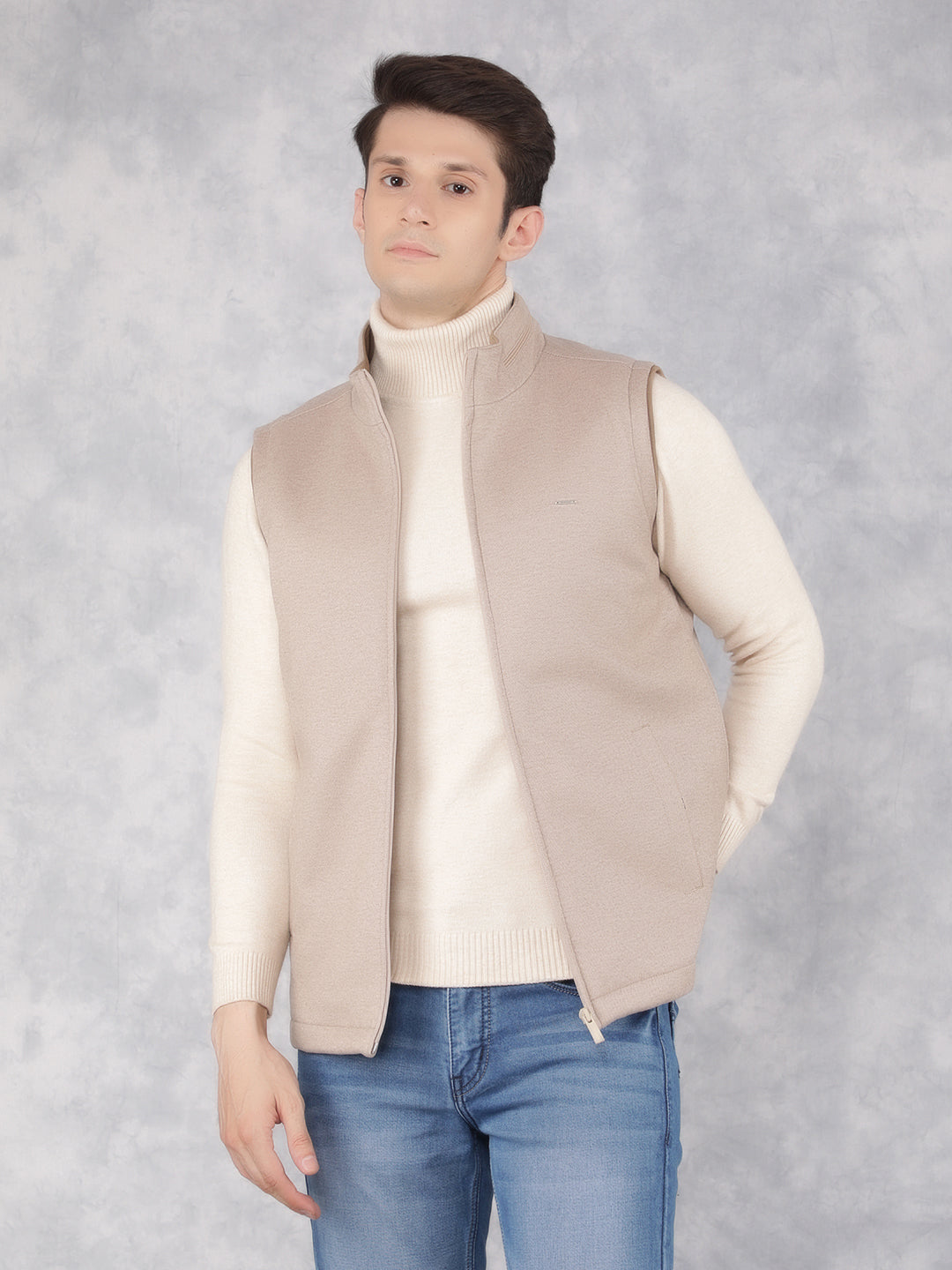 Beige Sleeveless Jacket-Men Jackets-Crimsoune Club