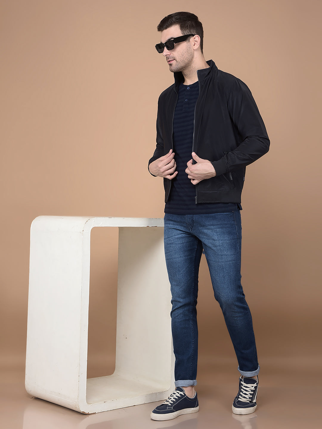 Navy Blue Mock Neck Bomber Jacket-Men Jackets-Crimsoune Club