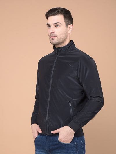 Navy Blue Mock Neck Bomber Jacket-Men Jackets-Crimsoune Club
