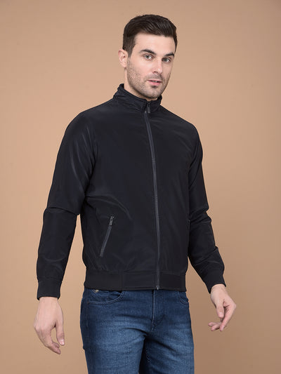 Navy Blue Mock Neck Bomber Jacket-Men Jackets-Crimsoune Club