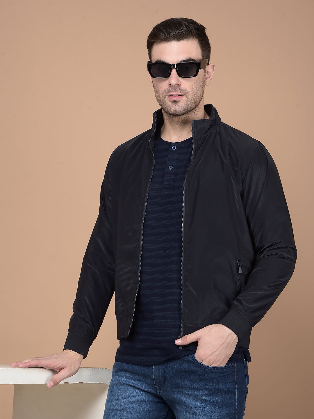 Navy Blue Mock Neck Bomber Jacket-Men Jackets-Crimsoune Club