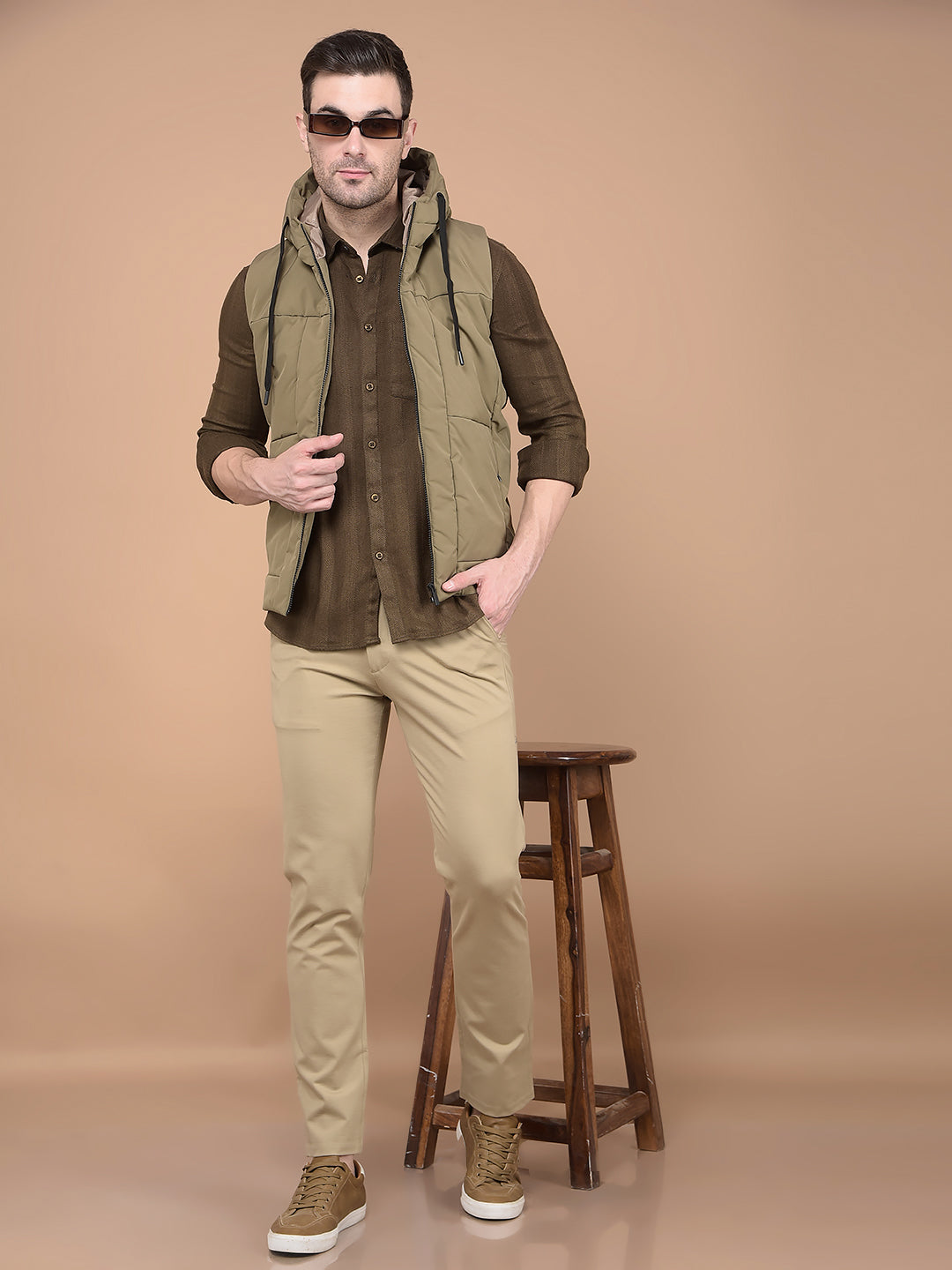 Khaki Hooded Neck Sleeveless Jacket-Men Jackets-Crimsoune Club