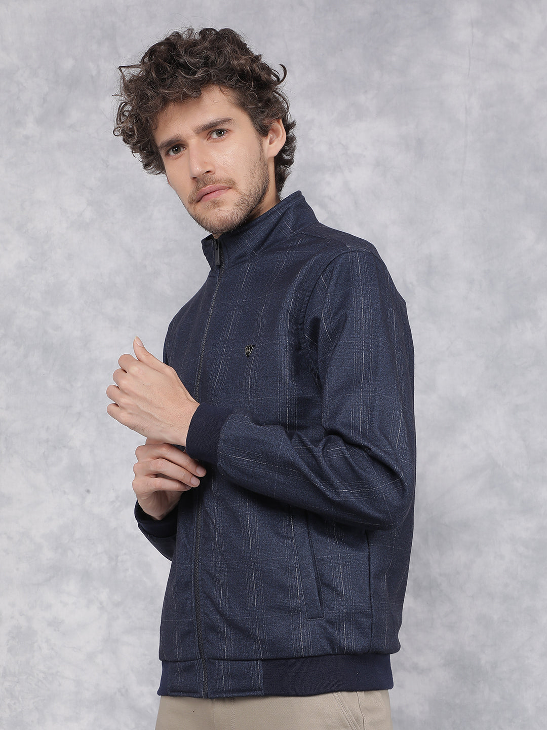 Navy Blue Printed Bomber Jacket-Men Jackets-Crimsoune Club
