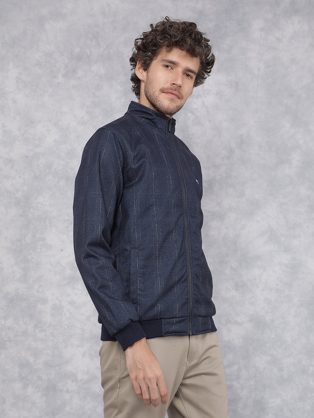 Navy Blue Printed Bomber Jacket-Men Jackets-Crimsoune Club