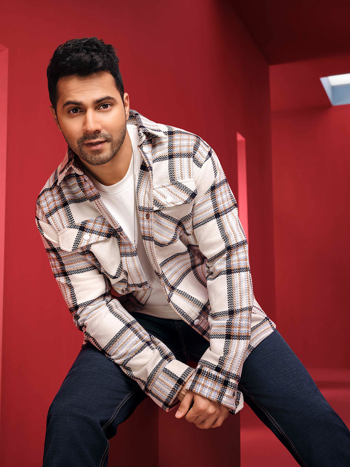 White Checked Knitted Shacket-Men Shackets-Crimsoune Club