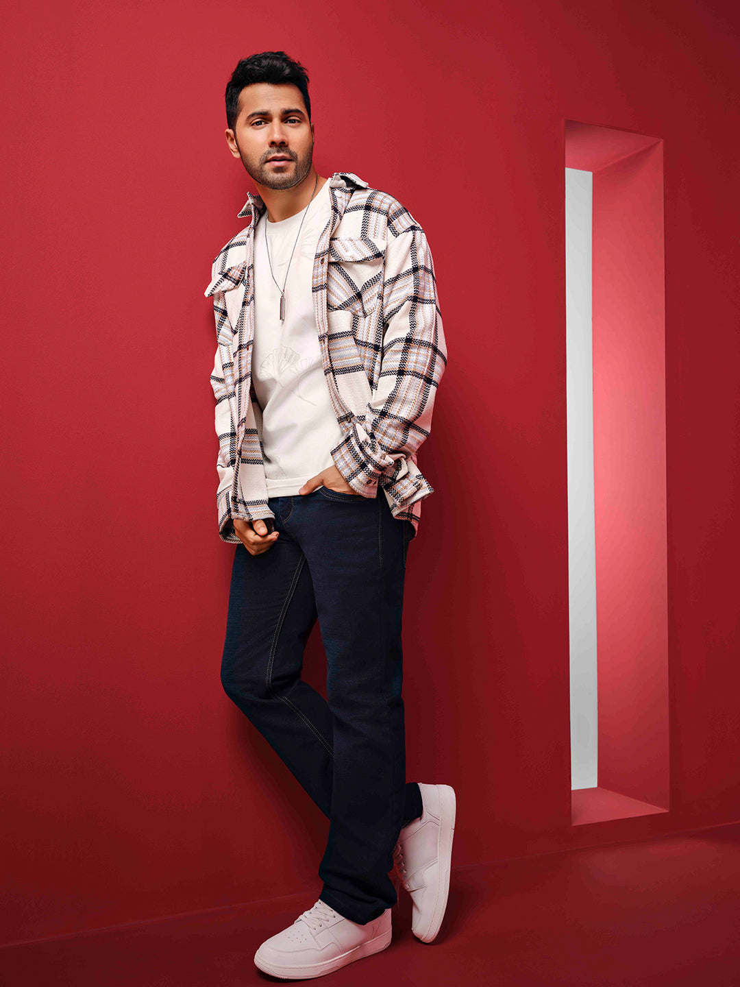 White Checked Knitted Shacket-Men Shackets-Crimsoune Club