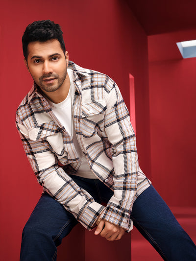 White Checked Knitted Shacket-Men Shackets-Crimsoune Club