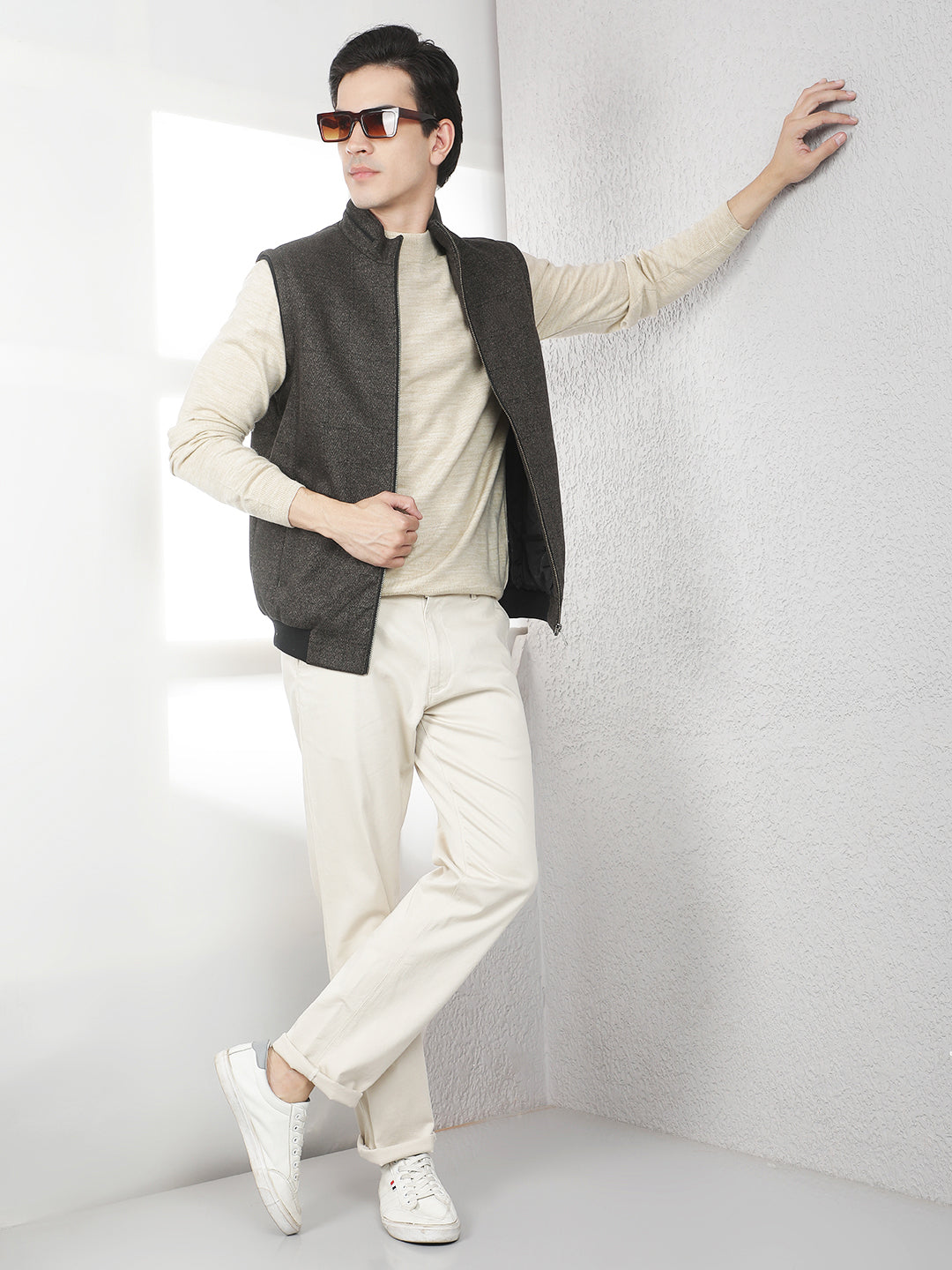 Brown Jacquard Sleeveless Jacket-Men Jackets-Crimsoune Club