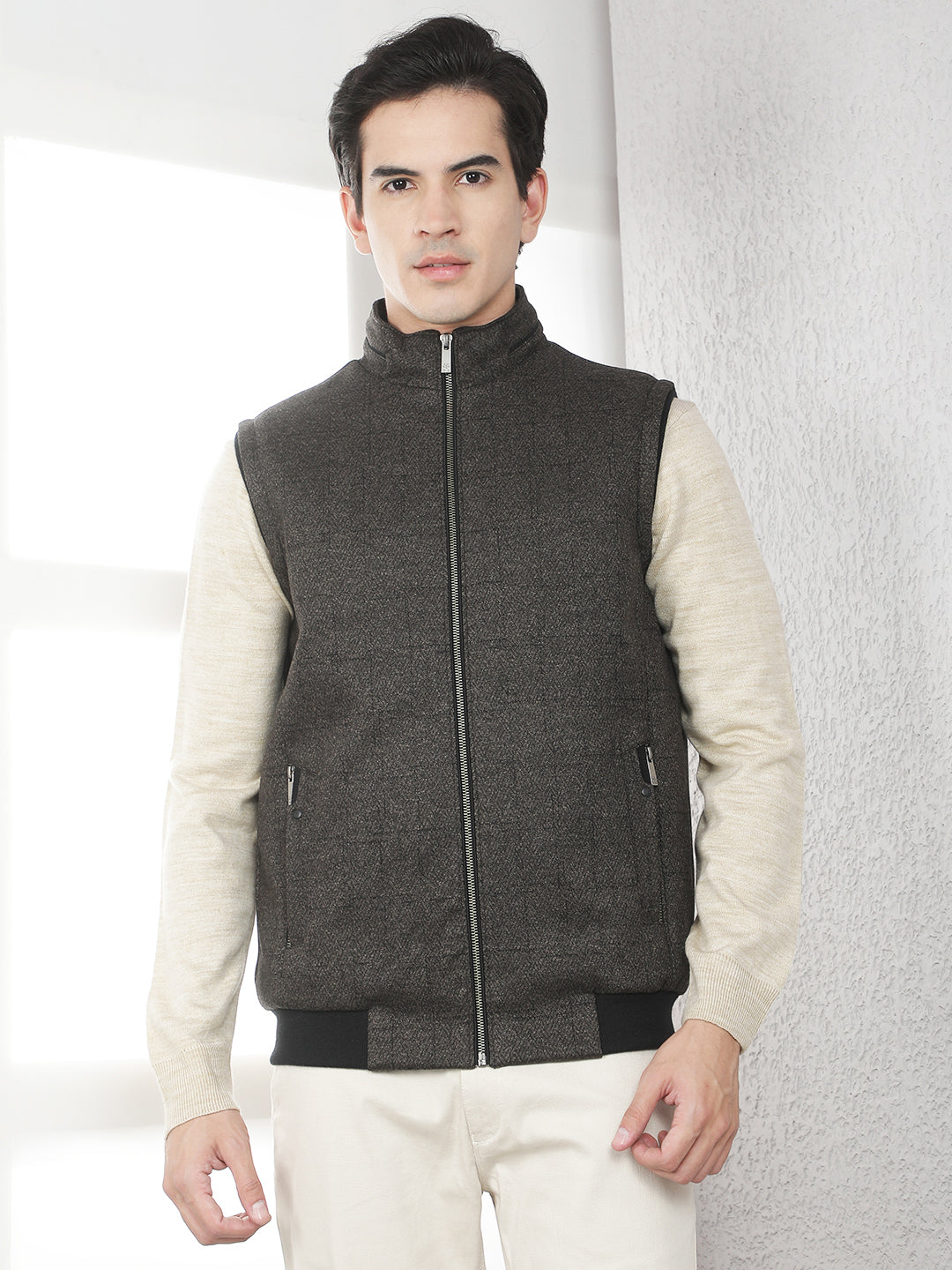 Brown Jacquard Sleeveless Jacket-Men Jackets-Crimsoune Club