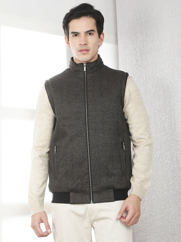 Brown Jacquard Sleeveless Jacket-Men Jackets-Crimsoune Club