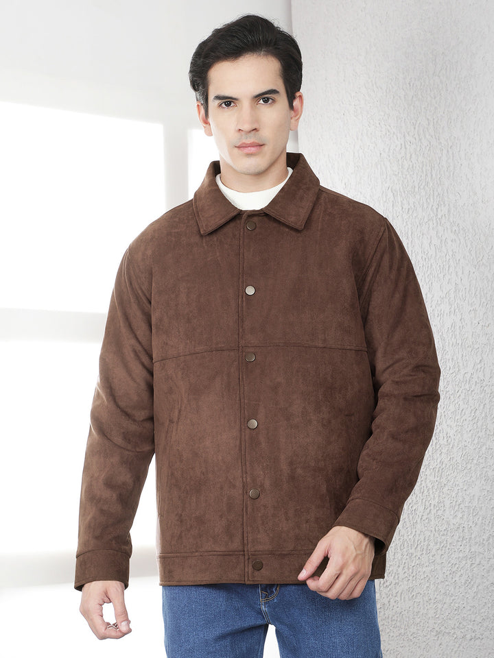 Brown Faux Suede Shacket-Men Jackets-Crimsoune Club