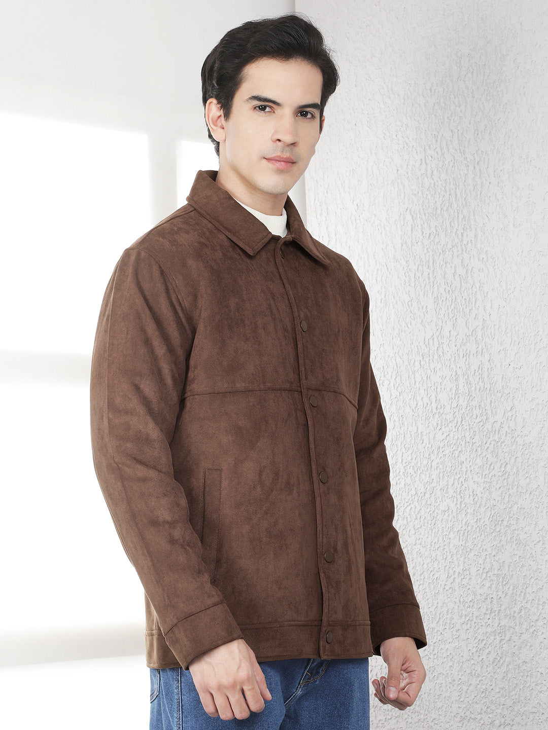 Brown Faux Suede Shacket-Men Jackets-Crimsoune Club