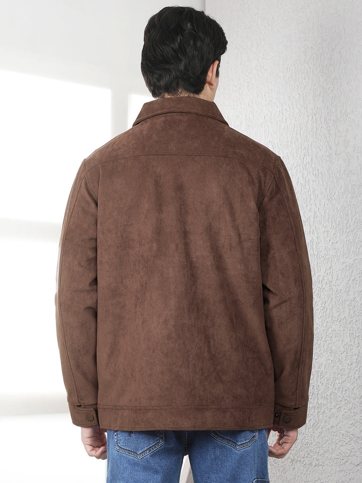 Brown Faux Suede Shacket-Men Jackets-Crimsoune Club