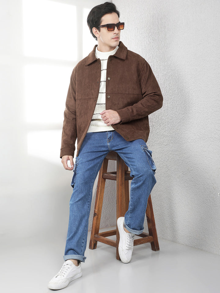 Brown Faux Suede Shacket-Men Jackets-Crimsoune Club