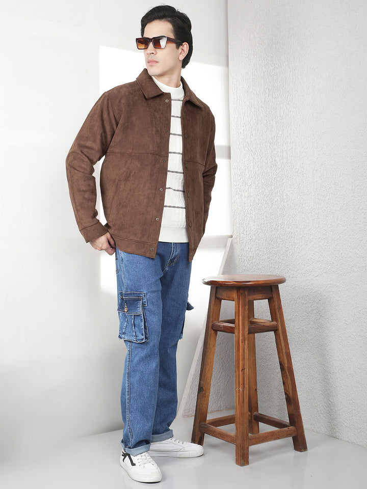 Brown Faux Suede Shacket-Men Jackets-Crimsoune Club