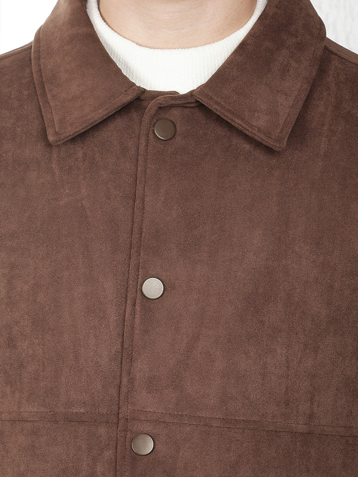 Brown Faux Suede Shacket-Men Jackets-Crimsoune Club