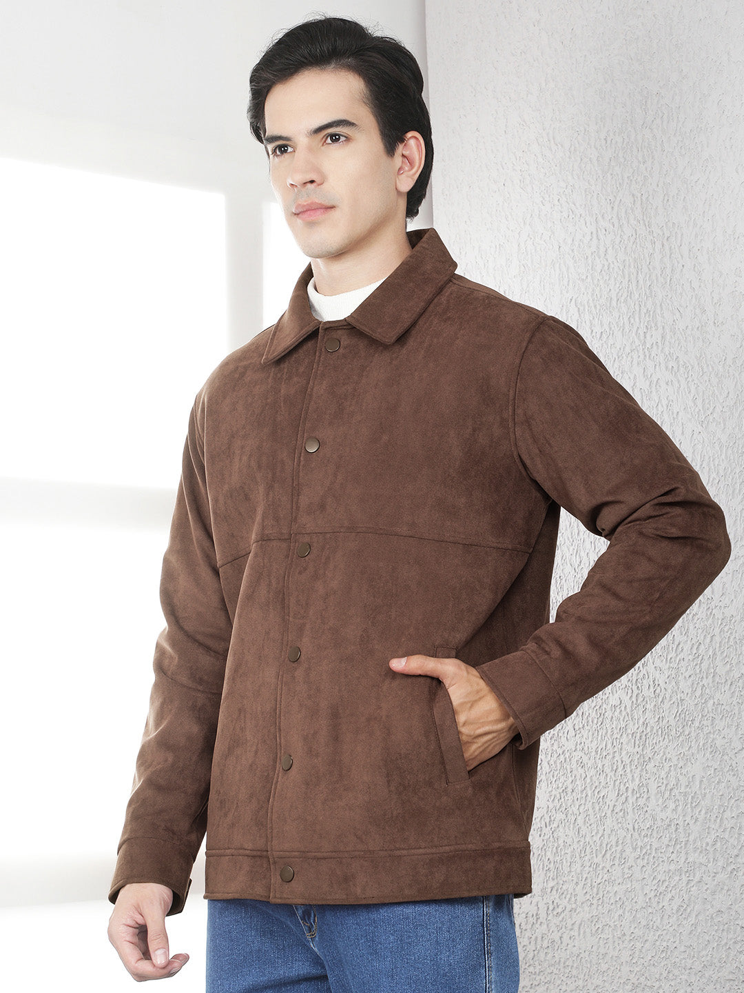 Brown Faux Suede Shacket-Men Jackets-Crimsoune Club