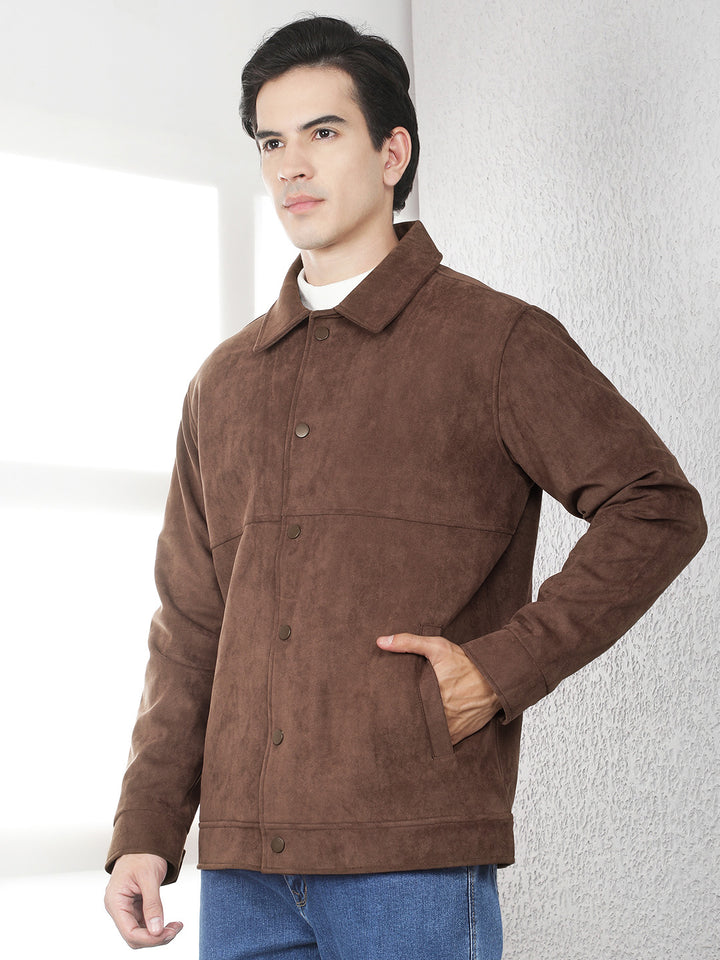 Brown Faux Suede Shacket-Men Jackets-Crimsoune Club