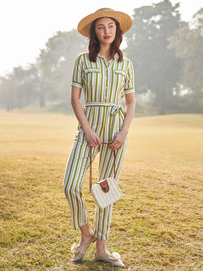 Olive Striped Basic Jumpsuit-Women Jumpsuits-Crimsoune Club