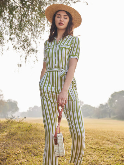 Olive Striped Basic Jumpsuit-Women Jumpsuits-Crimsoune Club